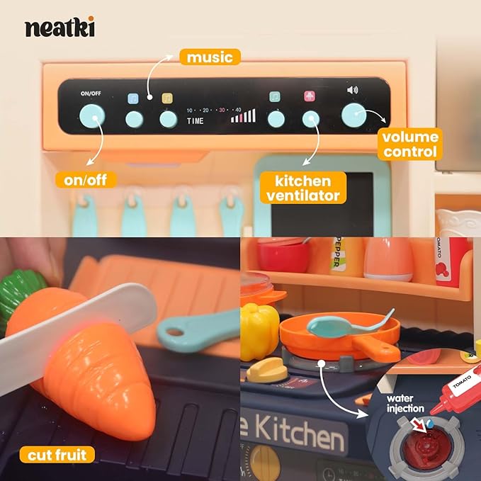 Kids' Play Kitchen Set, 27.95 x 11.22 x 36.81 Inch, 65-Piece Toy Kitchen Playset with Functional Faucet, Realistic Steam Effects, Lights and Sounds, and Other Kitchen Accessories (Blue)