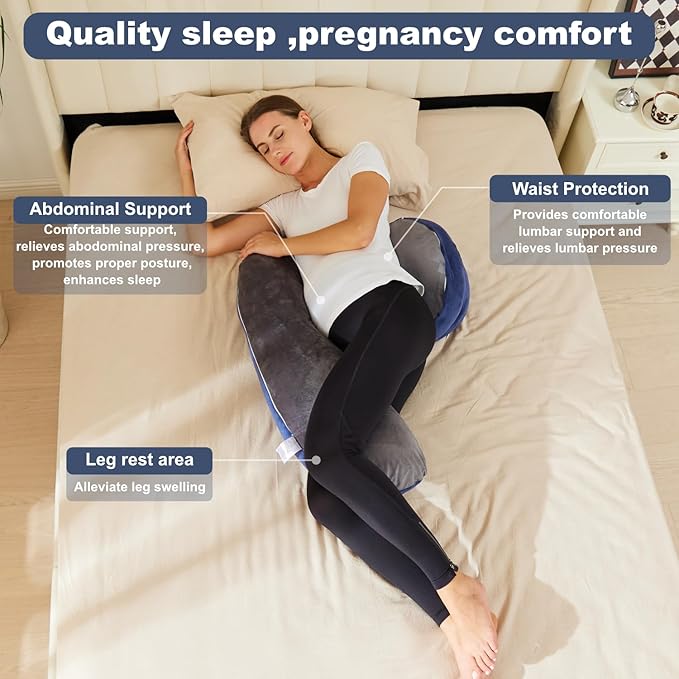 Pregnancy Pillow for Sleeping, Maternity Pillow, Velvet Cover Maternity Pillow Support for Back, Legs, Belly, HIPS Grey-Blue Large