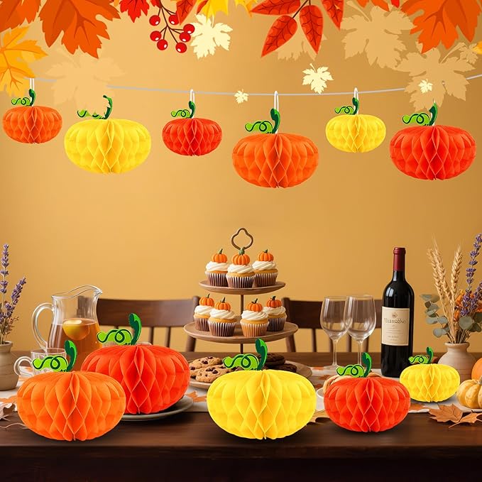 15PCS Pumpkin Honeycomb Decorations, Orange Red Yellow Honeycomb Fall Hanging Ornaments for Autumn Thanksgiving Party Favor Supplies