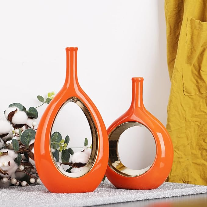 XMGZQ Ceramic Orange and Gold Vase Set of 2, Modern Vases for Home Decor, Centerpieces, Housewarming Gift, Living Room Dining Table, Flowers