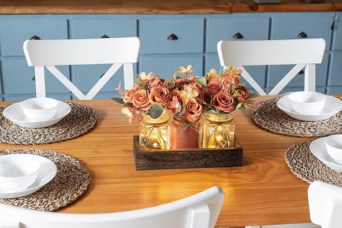 Mkono Mason Jar Lights Centerpiece Table Decorations for Dining Room Farmhouse Coffee Table Decor Tray with 3 Jars Flowers Centerpieces Spring Decor for Kitchen Living Dining Room, Orange