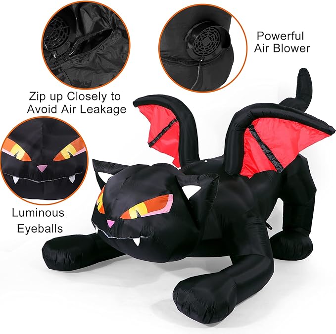 Sizonjoy 7.5FT Halloween Inflatables Decoration Outdoor Lighted Black Cat Decoration Outdoor with Wings,Halloween Blow Up Decor for Yard Lawn Garden Party Decor