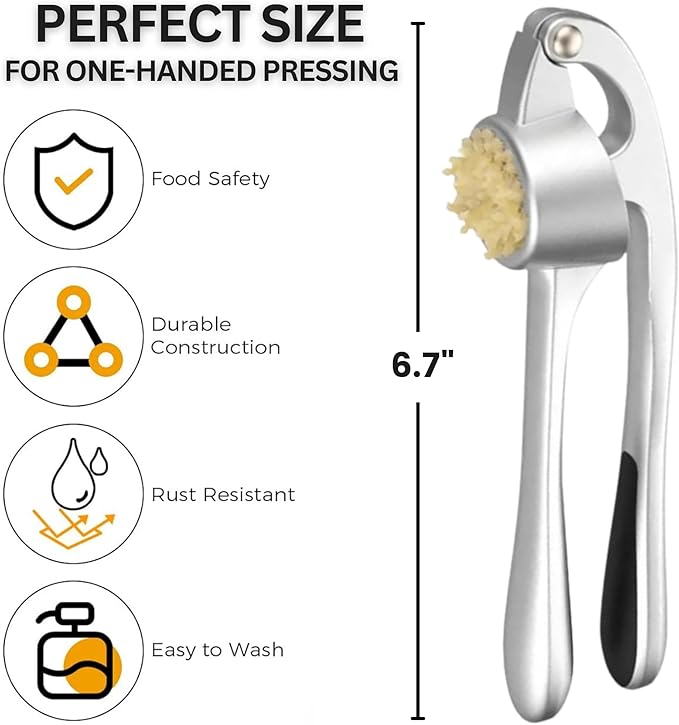 Premium Garlic Press - Easy to Squeeze and Clean, Rust Proof & Dishwasher Safe Garlic Mincer - Garlic Press Stainless Steel, Garlic Crusher, Garlic Masher - Silicone Garlic Peeler & Brush - Sliver