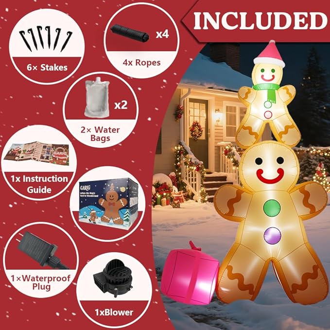 GARIG 10FT Christmas Inflatables Gingerbread Father and Son Outdoor Decorations, Christmas Blow Up Yard Decorations with Built-in LEDs for Xmax Outdoor Party, Yard, Garden