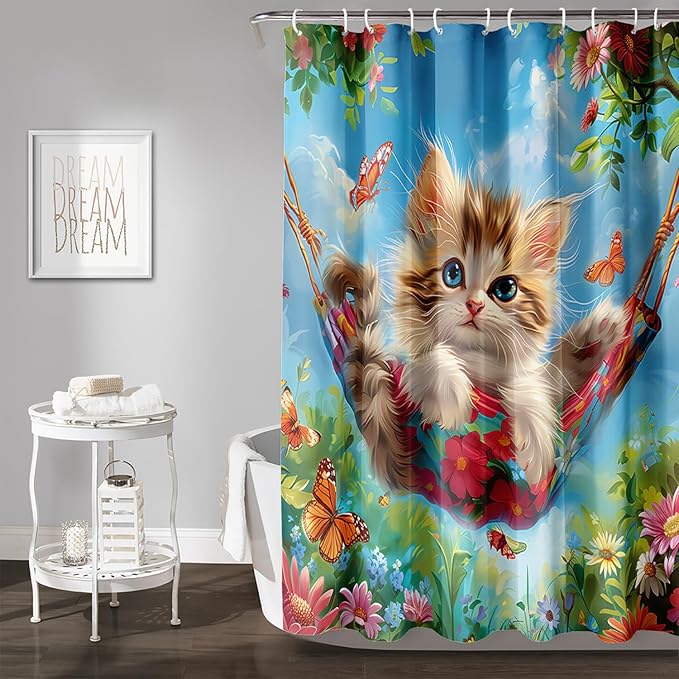 AILONEN Kawaii Cat Shower Curtain Set, Swing Cat with Butterfly Waterproof Fabric Shower Curtain for Kids Boys Girls,Cartoon Pet Cats Cloth Bath Curtain,60" W*72" H
