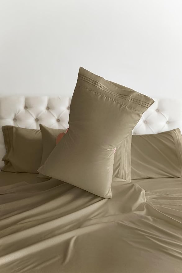 CGK Linens Twin 4 Piece Sheet Set - Cooling Sheets for Hot Sleepers - Hotel Luxury Bedding Set with 8-16 Inch Deep Pockets - 1 Flat & 1 Fitted & 2 Pillowcases - Soft, Easy Care & Wrinkle Free - Khaki