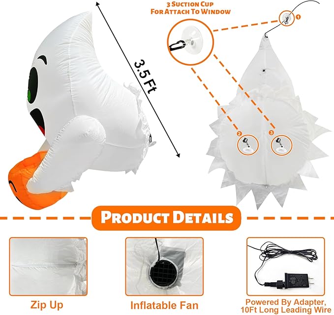 TURNMEON 3.5 Ft Halloween Inflatable Ghost Holding Candy Bucket Broke Out from Window Outdoor Halloween Decorations Blow Up with Build-in LED Lights for Party Indoor Outside Home Yard Garden Decor
