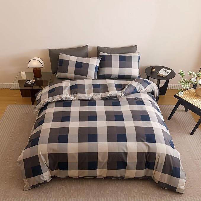 Cottonight Checkered Navy Comforter Set King Men Gingham Grid Bedding Set Navy and Khaki Grid Comforter Fluffy Soft Blanket Quilts Modern Cottagecore Comforter with 2 Pillowcases for King Bed