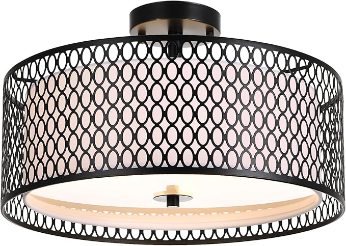 17" Semi Flush Mount Ceiling Light Fixture, Modern 3-Light E26 Double Drum Ceiling Lighting with Matte Black Iron Mesh Cage for Living Room Bedroom Hallway Entryway, Black
