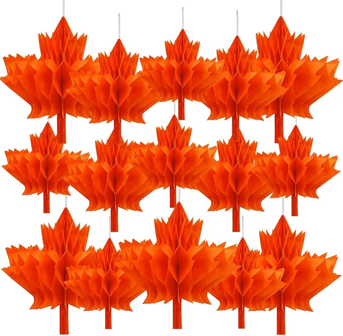 15Pcs Maple Leaf Honeycomb Decorations, Fall Thanksgiving Paper Honeycomb Hanging Ornaments for Autumn Party Favor Supplies Home Decor