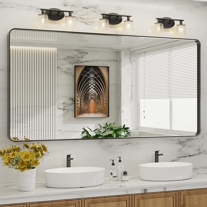 LOAAO 72X32 Inch Black Metal Framed Bathroom Mirror for Wall, Matte Black Bathroom Vanity Mirror Farmhouse, Large Rounded Rectangle Mirror, Anti-Rust, Shatter-Proof, Hangs Horizontally or Vertically