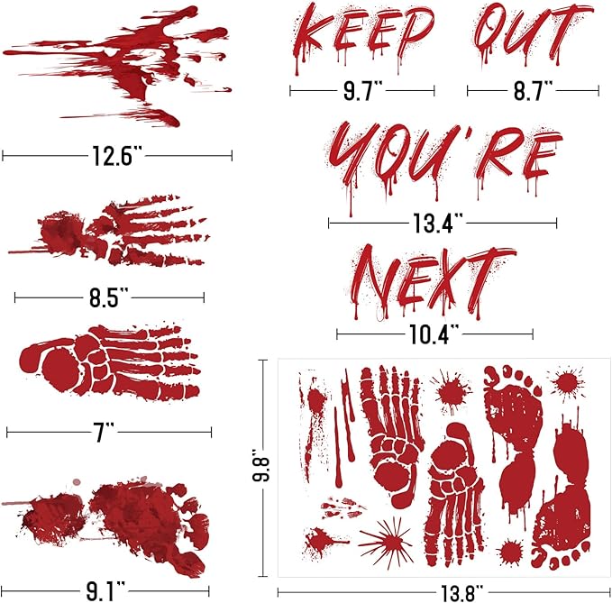 105 Pcs Bloody Halloween Decorations Bloody Footprints Floor Stickers Handprint Window Stickers Halloween Indoor Outdoor Wall Window Floor Stickers Decals (10 Sheets)