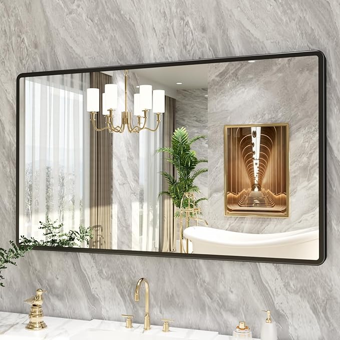 New Upgrade 50X30 Inch Wall Mounted Bathroom Mirror, Black Metal Frame Rounded Rectangle Mirror, Bathroom Vanity Mirror with Tempered Glass for Washroom Bedroom Living Room