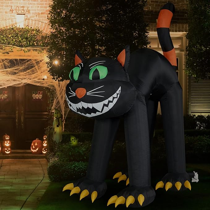 Haunted Hill Farm 10-ft. Black Cat Blow Up with Lights, Halloween Outdoor Decorations for Patio and Yard, Giant Spooky Weather Resistant Outdoor Inflatables for Home or Haunted House