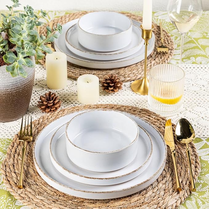 AmorArc Ceramic Dinnerware Sets for 6, 18 Pieces Handpainted Plates and Bowls Set with Rustic Terracotta Underside, Scratch Resistant Stoneware Dishes Set, Dishwasher & Microwave Safe