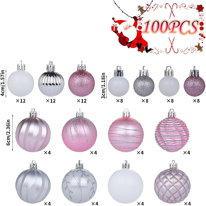 100Pcs Christmas Ball Ornaments Set, Assorted Shatterproof Christmas Ornament, Christmas Tree Theme Hanging Decoration for Xmas Tree Holiday/Party/Home Decor (Pink & Silver & White)