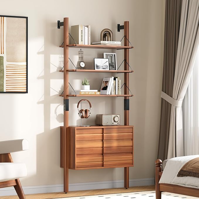 Ladder Bookshelf with Storage Cabinet, Mid Century Modern Bookcase, Wall Mounted Bookshelf with Wood and Metal Frame, 6 Tier Open Display Rack for Living Room, Bedroom, Home Office, Cherry
