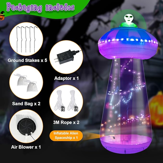 OurWarm 10 FT Halloween Inflatables Outdoor Decorations, Alien Blow Up Yard Decorations with LED Lights, UFO Inflatable Halloween Decorations for Outdoor Holiday Party Garden Lawn Decor