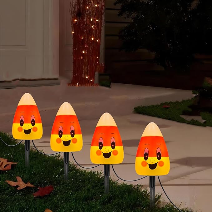 Halloween Candy Corn Lights Outdoor,4PCS Halloween 3D Candy Corn Pathway Lights with Stake,Waterproof Cute Candy Corn Decorations Light for Lawn Driveway Garden Yard Party Decor
