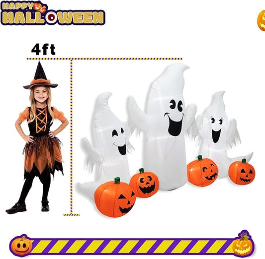 7FT Length Halloween Inflatable Ghosts and Pumpkins, 3 Ghosts Inflatables with Led Lights for Home Yard Lawn Indoor Halloween Outdoor Decoration