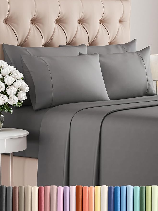 CGK Linens Cal King 6 Piece Sheet Set - Cooling Sheets for Hot Sleepers - Hotel Luxury Bedding Set with 8-16 Inch Deep Pockets - 1 Flat & 1 Fitted & 4 Pillowcases - Soft and Wrinkle Free - Dark Grey