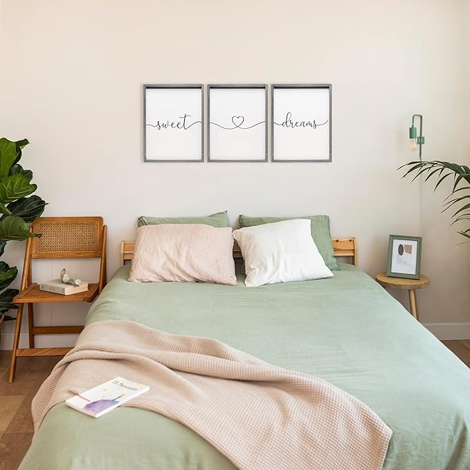 Set of 3 Framed Farmhouse Sweet Dreams Sign 11x14” Above Bed Wall Decor for Bedroom Decor Wall Art Wood Signs (11"x14", Gray)