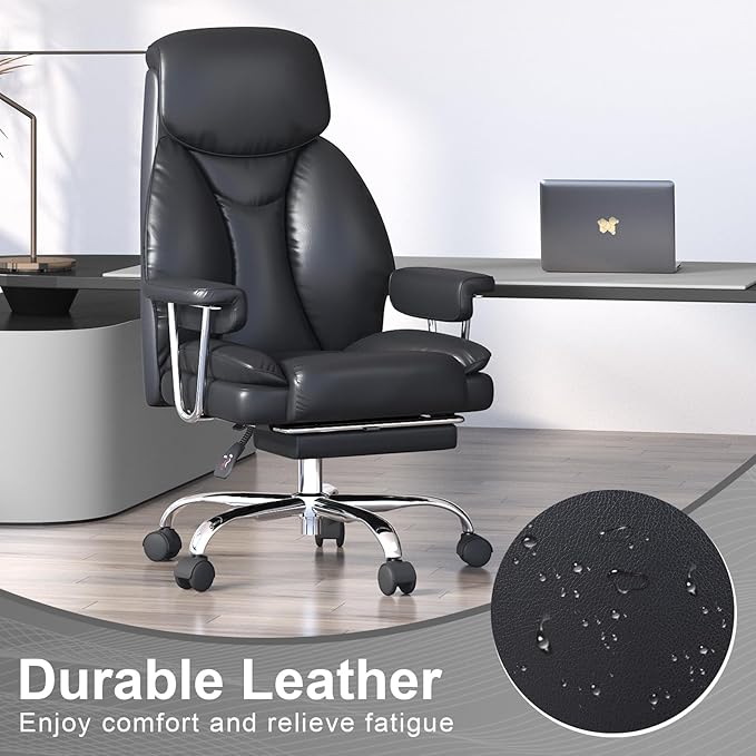 Big and Tall Office Chair, Ergonomic Leather High Back Executive Computer Desk Chair with Retractable Footrest and Padded Arms, 360°Swivel Free, 90-135°Reclining, 500lbs Wide Seat, Black