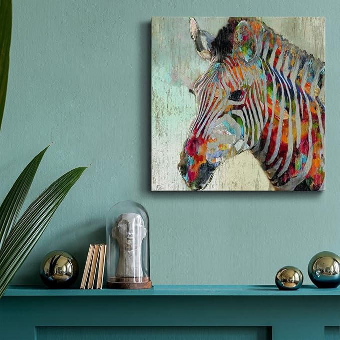 Renditions Gallery Cute Animals Artwork Abstract Colorful Painting Wall Art on Canvas, Paint Splash Zebra Wall Art, Ready to Hang, 10'' x 10'' AZS-WC25-16315-R-1010-SC