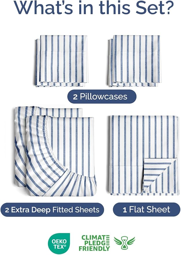 Extra Deep Split King Sheet Set - 7 Piece Breathable & Cooling Sheets - Hotel Luxury Bed Sheets Set - Easy Fit - Soft, Wrinkle Free & Comfy Sheets Set - Blue Striped Sheet Set w/Extra Deep Pockets
