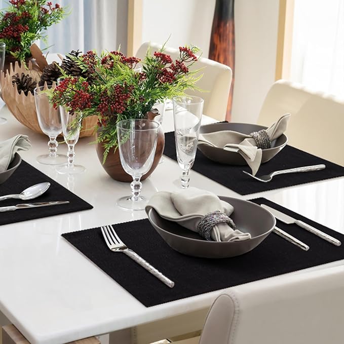 homing Black Cloth Placemats for Dining Table Set of 6 – Cotton Linen Blend Washable Farmhouse Kitchen Mats for Indoors & Outdoors - Easy to Clean 13 x 19 Inch