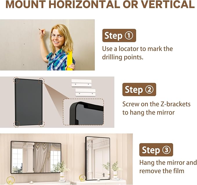 New Upgrade 48X30 Inch Wall Mounted Bathroom Mirror, Black Metal Frame Rounded Rectangle Mirror, Bathroom Vanity Mirror with Tempered Glass for Washroom Bedroom Living Room