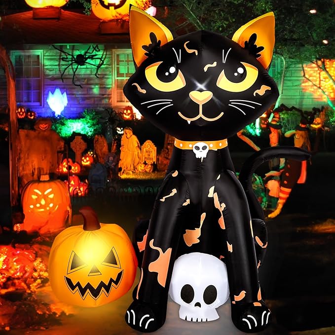 CAMULAND 5FT Halloween Decorations Outdoor,Halloween Inflatable Blow Up Black Cat and Pumpkin Decor with Built-in LED Lights Trick or Treat for Indoor Lawns Yards Party Home