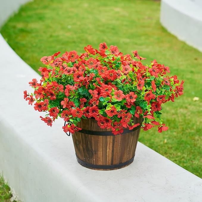 Artificial Fake Mums Plants Flowers for Outdoor Outside Fall Autumn, 12 Bundles Faux Silk Red Daisy UV Sun Resistant Look Real for Porch Patio Home Window Box Yard Planter
