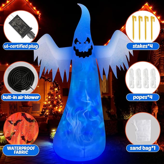 12FT Giant Halloween Inflatables Decorations Outdoor Ghost Built-in 3-Color Changing Rotating Flame LEDs Blow Up Yard Inflatables Halloween Large Scary Spooky for Outside Patio Lawn