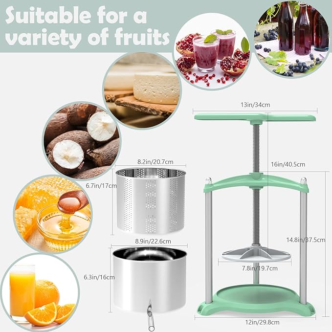 SQUEEZE master Cheese Tincture Herb Fruit Wine Manual Press-1.6Gallon/ 6 Litre with Triangular Structure & T-Handle-Stainless Steel for Juice, Cider,Wine,Olive Oil-Green