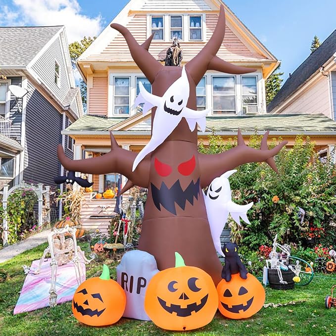 GOOSH 12 FT Halloween Inflatables Tree Outdoor Decorations Blow Up Yard Scary Dead Tree with Pumpkin Ghost Tombstone with Built-in LEDs for Garden Lawn Indoor Party Decor