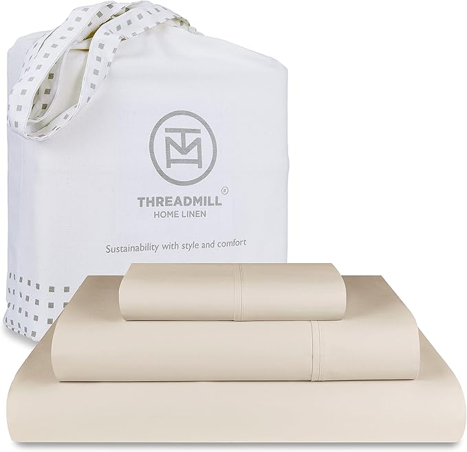 Threadmill Luxury 800 Thread Count 100% Cotton Sheets - Light Beige Sateen Weave Twin Size Bed-Sheets, Better Than Egyptian Cotton,3 Pc Solid Soft Bedding Set, Fits 15" Deep Pocket