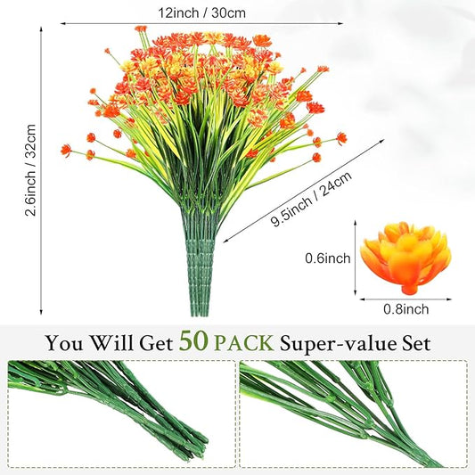 Hoteam 50 Bundles Fall Outdoor Artificial Flowers Plants Uv Resistant Outside Faux Flowers Plastic Fake Plants Outdoor Summer Seasons Decoration Shrubs Garden Porch, Orange