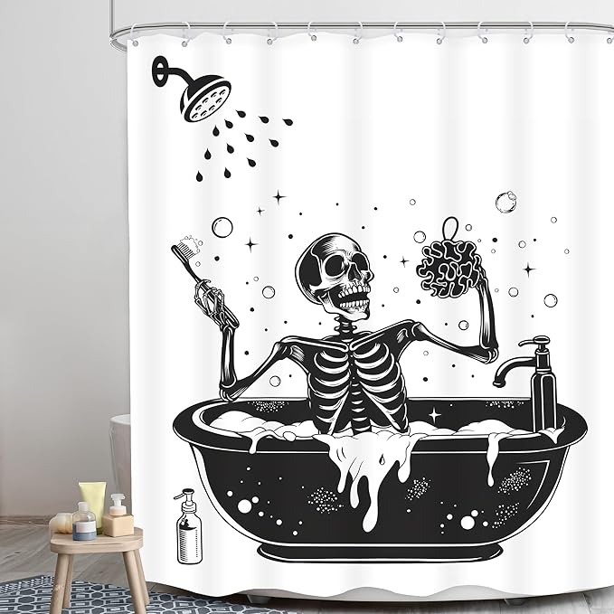 LGhtyro Funny Skull Halloween Shower Curtain Bathroom Set 60Wx71H Inches Black White Gothic Skeleton Bathing in Bathtub Spooky Cool Bath Accessories for Men Boys Art Home Decor Fabric 12 Pack Hooks