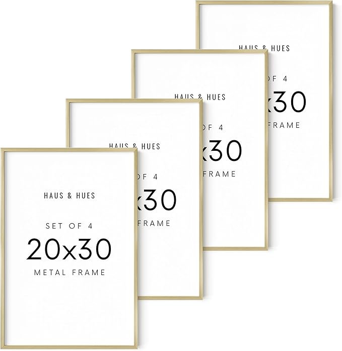 HAUS AND HUES 20x30 Gold Metal Picture Frames - Features Premium Aluminum, Vertical & Horizontal Hang, Shatterproof Plexiglass - Perfect for Home, Room, Office (20x30 in, Gold, Set of 4)