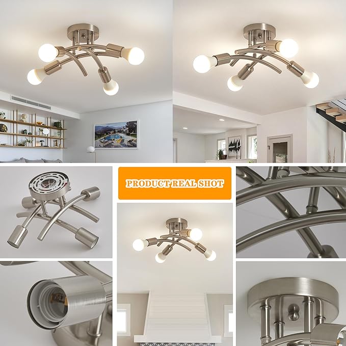BUXVRCS Semi Flush Mount Ceiling Light Fixture, Modern Sputnik Chandelier Light Fixtures, Industrial Kitchen Light Fixtures Ceiling Mount, 4-Light Dining Room Light Fixture Bedroom (Brushed Nickel)