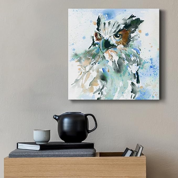 Cute Animals Artwork Abstract Colorful Painting Wall Art on Canvas, Owl On Blue Wall Art, Ready to Hang, 10'' x 10''