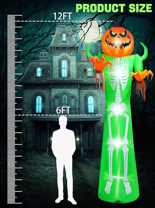 Kalolary 12FT Halloween Inflatable with LED Light, Giant Pumpkin Halloween Outdoor Decoration Scary Pumpkin Skeleton Blow up Inflatable for Home Family Party Halloween Holiday Yard Lawn Indoor Decor