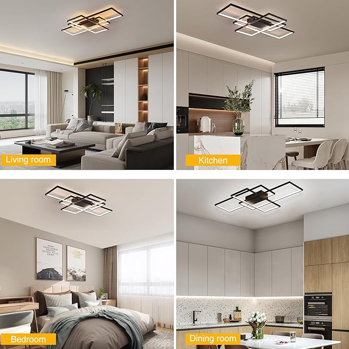 GEADI Modern Large Led Ceiling Light for Living Room,35.4" Black Dimmable Ceiling Lights for Bedroom with Remote Control,3 Rectangular Light Fixtures for Kitchen Dining Room Office, 3000-6500K