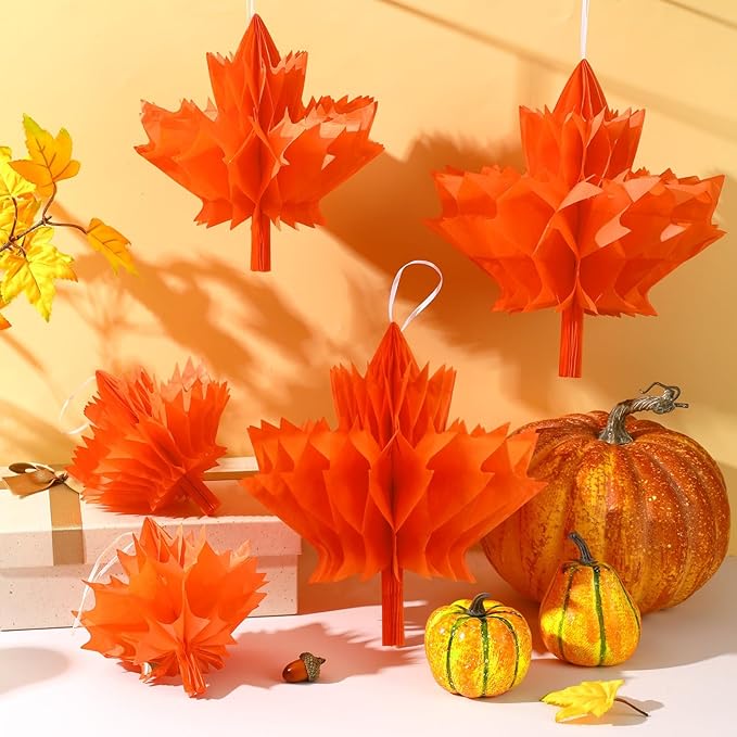 15Pcs Maple Leaf Honeycomb Decorations, Fall Thanksgiving Paper Honeycomb Hanging Ornaments for Autumn Party Favor Supplies Home Decor