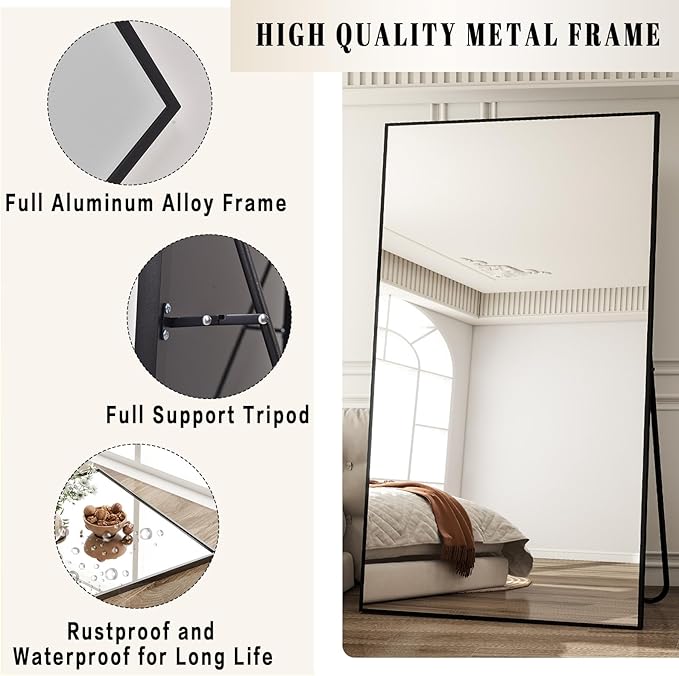 BEAUTYPEAK 77"x38" Rectangle Full Body Floor Mirrors, Full Length Mirror Hanging or Leaning, Aluminum Alloy Frame Wall Mirror for Bedroom, Dressing Room, Black