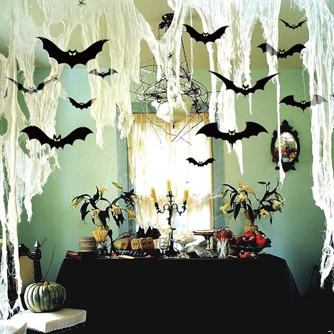 13 PCS Hanging Bats Halloween Decoration Outdoor Black Plastic Bats with Glowing Eyes Different Size Flying Bats Halloween Decor Hanging in The Tree, Porch, Yard, Lawn, Indoor