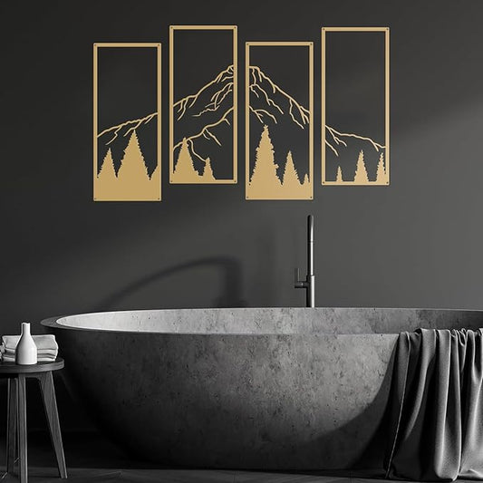 ruelen 4 Pcs Metal Mountain and Forest Wall Decorations Line Drawing Wall Art Minimalist Wall Decor Rustic Nature Home Wall Art Sculpture for Home Bedroom Bathroom Office Living Room (Gold, Large)
