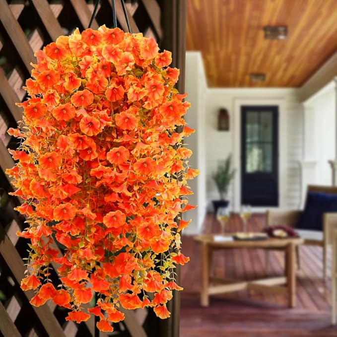 Artificial Fall Flowers for Outdoors Fake Hanging Decoration, 6Pcs Orange Autumn Decor, Realistic Artificial Fall Plants, UV & Fading Resistant Silk Flower for Porch Patio Balcony Planter Yard (Fall)