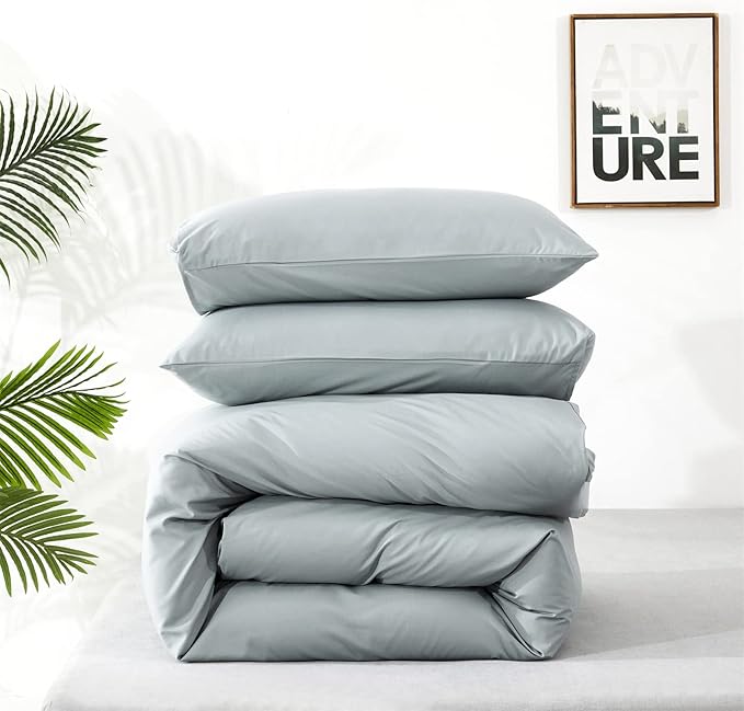 Wellboo Haze Blue Comforter Sets King Solid Light Dusty Blue Bedding Comforters Cotton Women Men Plain Light Blue Bed Quilts Modern Minimalist Greyish Blue Blankets Soft Health Mist Lake Blue Bed Warm